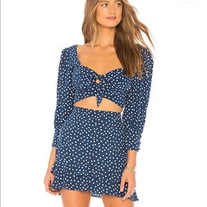 X REVOLVE BUTTONED CROP TOP IN BLUE POLKA DOT